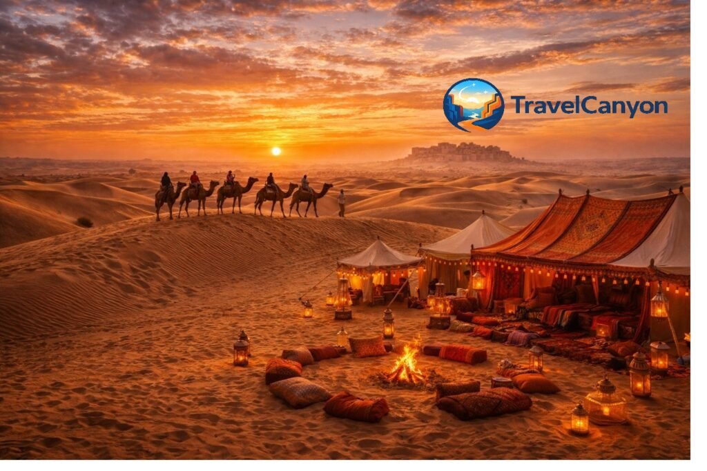 Sam Sand Dunes camel safari at sunset, Jaisalmer