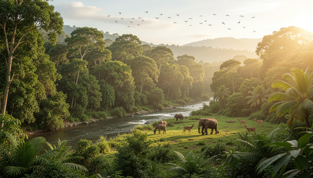A panoramic view of Tikarpada Wildlife Sanctuary in Odisha, India, showing dense green forests, a flowing river, and wildlife such as elephants and deer grazing peacefully. The scene is bathed in warm sunlight, with birds flying in the sky. Lush tropical greenery and serene natural environment, perfect for a nature and wildlife travel blog cover, high-resolution, realistic style