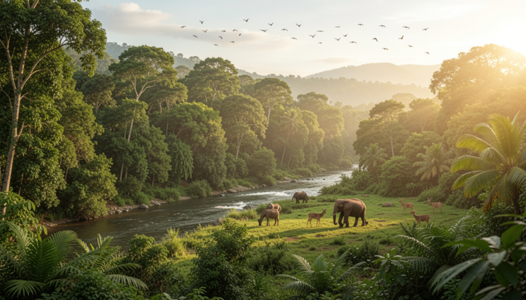 A panoramic view of Tikarpada Wildlife Sanctuary in Odisha, India, showing dense green forests, a flowing river, and wildlife such as elephants and deer grazing peacefully. The scene is bathed in warm sunlight, with birds flying in the sky. Lush tropical greenery and serene natural environment, perfect for a nature and wildlife travel blog cover, high-resolution, realistic style